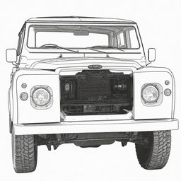 An intricate, two-dimensional black and white outline of a Land Rover for a colouring page.