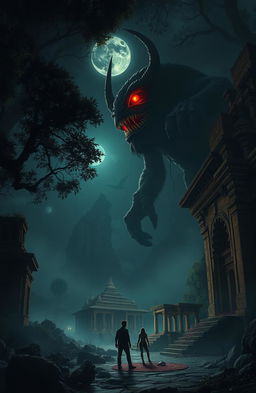 On a dark, ominous night, an eerie scene unfolds in the ruins of an ancient temple