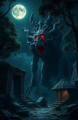 On a dark, ominous night, an eerie scene unfolds in the ruins of an ancient temple