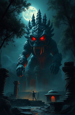 On a dark, ominous night, an eerie scene unfolds in the ruins of an ancient temple