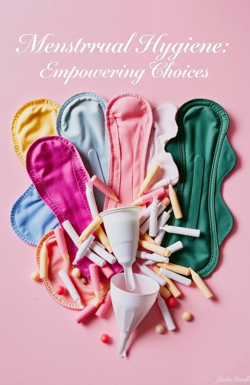 A visually appealing collage of menstrual hygiene products, including colorful sanitary pads, various tampons in an array of shapes and sizes, and a sleek menstrual cup, artistically arranged to showcase their diversity