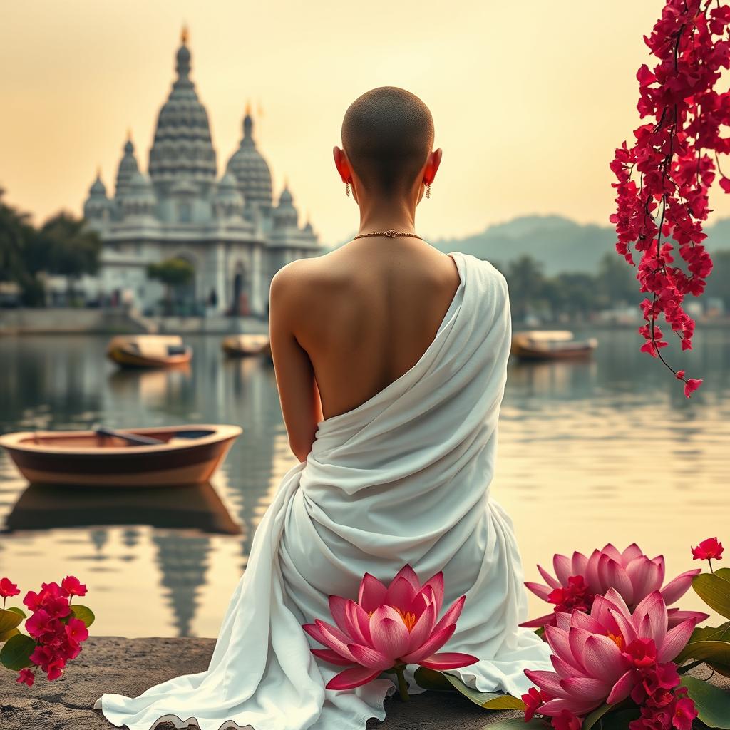 A mesmerizing book cover featuring the back of a slender woman with a tonsured head, her bare shoulders adorned in a flowing white sari that drapes elegantly behind her