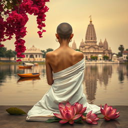 A mesmerizing book cover featuring the back of a slender woman with a tonsured head, her bare shoulders adorned in a flowing white sari that drapes elegantly behind her