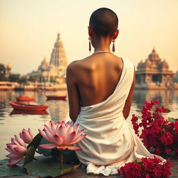 A mesmerizing book cover featuring the back of a slender woman with a tonsured head, her bare shoulders adorned in a flowing white sari that drapes elegantly behind her