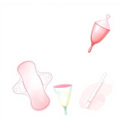 A simple and aesthetic watercolor-based design featuring a collage of menstrual hygiene products, including gentle representations of sanitary pads, tampons, and a menstrual cup