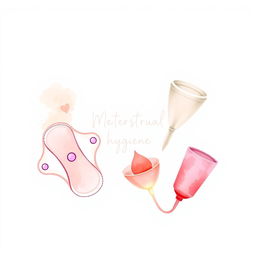 A simple and aesthetic watercolor-based design featuring a collage of menstrual hygiene products, including gentle representations of sanitary pads, tampons, and a menstrual cup