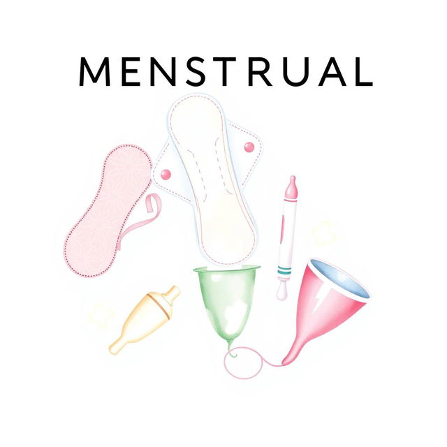 A simple and aesthetic watercolor-based design featuring a collage of menstrual hygiene products, including gentle representations of sanitary pads, tampons, and a menstrual cup