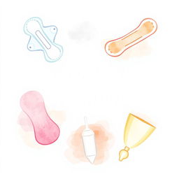 A simple and aesthetic watercolor-based design featuring a collage of menstrual hygiene products, including gentle representations of sanitary pads, tampons, and a menstrual cup