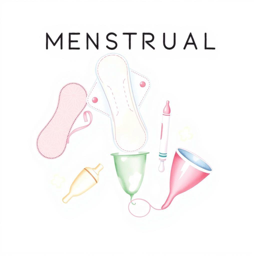 A watercolor-based design featuring a collage of menstrual hygiene products including sanitary pads, tampons, and menstrual cups