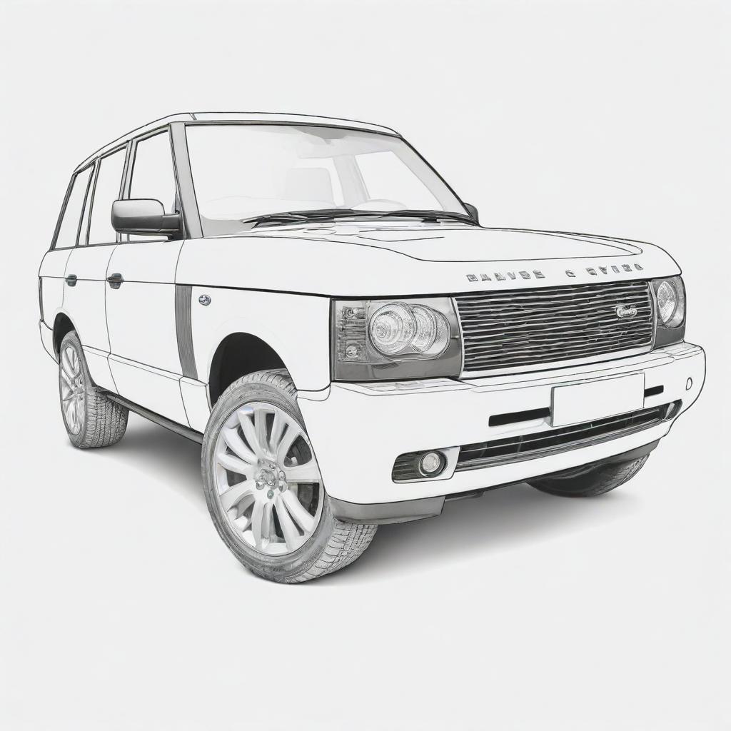 A detailed, two-dimensional black and white outline of a Range Rover for a colouring page.