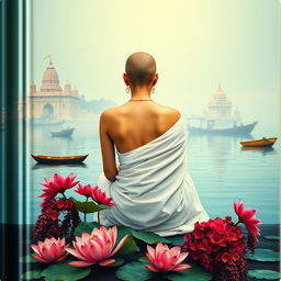 A serene book cover featuring the back of a slender woman with a tonsured head, bare shoulders, dressed in a flowing white sari
