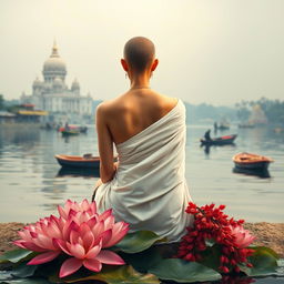 A serene book cover featuring the back of a slender woman with a tonsured head, bare shoulders, dressed in a flowing white sari