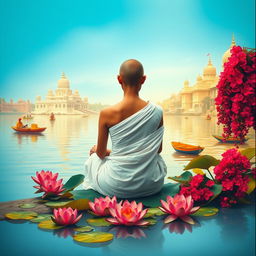 A serene book cover featuring the back of a slender woman with a tonsured head, bare shoulders, dressed in a flowing white sari