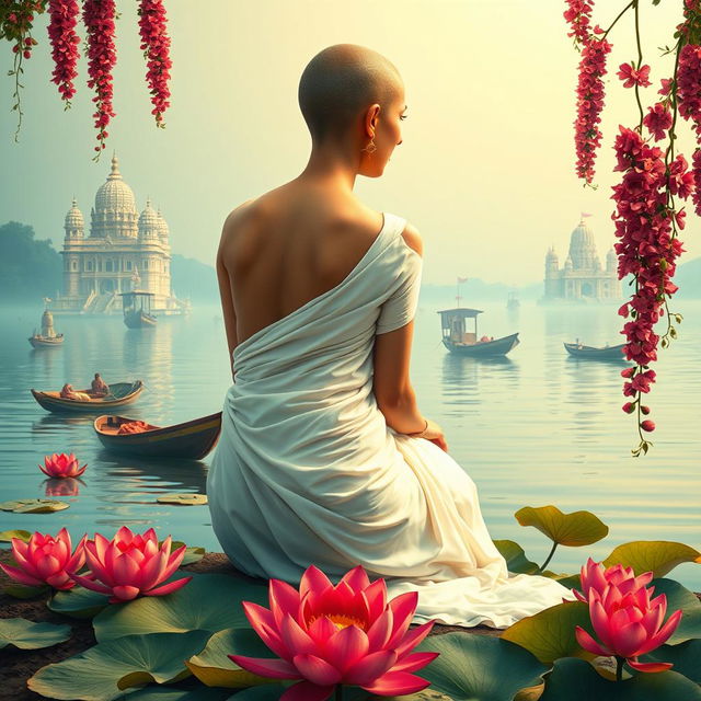 A serene book cover featuring the back of a slender woman with a tonsured head, bare shoulders, dressed in a flowing white sari