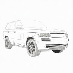 A detailed, two-dimensional black and white outline of a Range Rover for a colouring page.