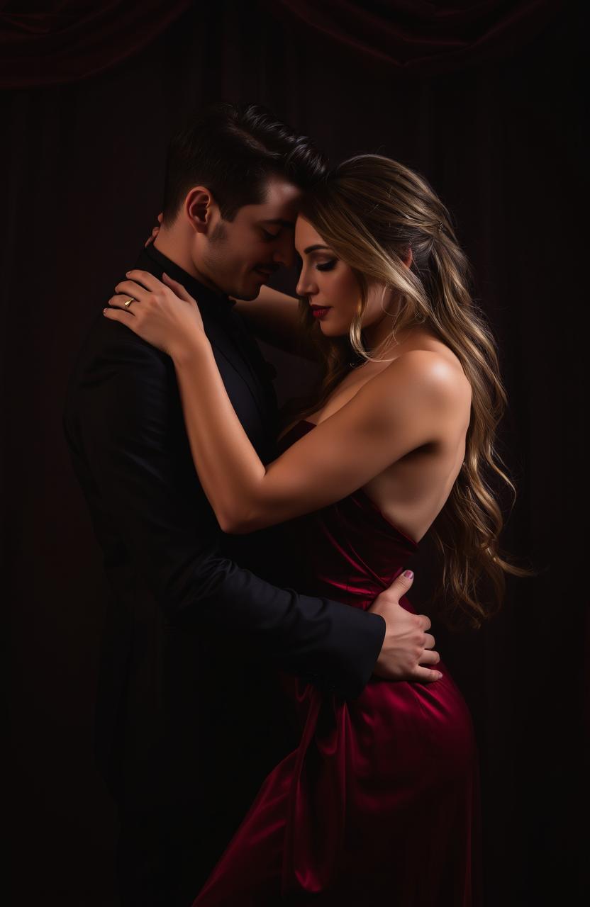 An intimate, dark-themed erotic scene featuring a couple entwined in a passion-filled embrace