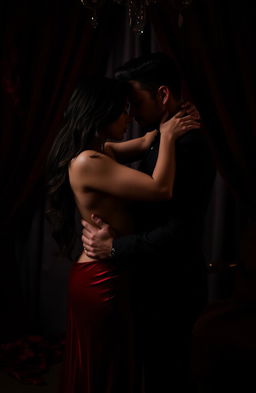 An intimate, dark-themed erotic scene featuring a couple entwined in a passion-filled embrace