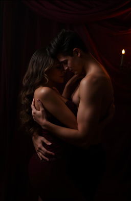 An intimate, dark-themed erotic scene featuring a couple entwined in a passion-filled embrace