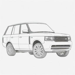 A detailed, two-dimensional black and white outline of a Range Rover for a colouring page.