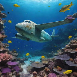 Generate an image of an airplane under the sea, surrounded by an array of colorful marine life and sunken treasures.