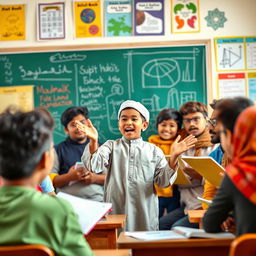 A young Muslim boy enthusiastically lecturing in front of a group of diverse friends, showcasing a vibrant and engaging classroom setting