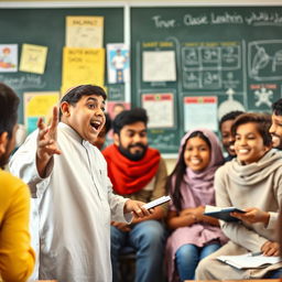 A young Muslim boy enthusiastically lecturing in front of a group of diverse friends, showcasing a vibrant and engaging classroom setting