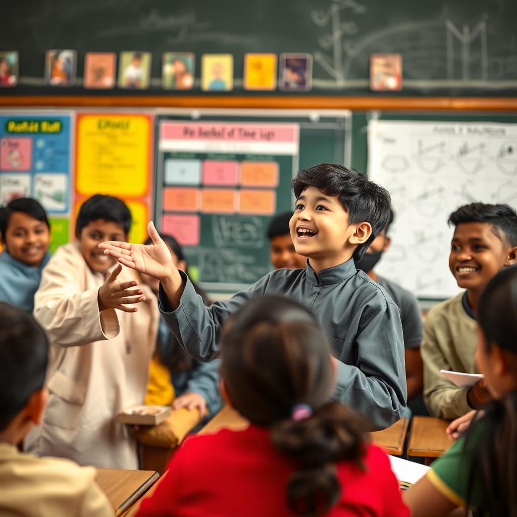 A young Muslim boy enthusiastically lecturing in front of a group of diverse friends, showcasing a vibrant and engaging classroom setting