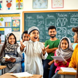 A young Muslim boy enthusiastically lecturing in front of a group of diverse friends, showcasing a vibrant and engaging classroom setting