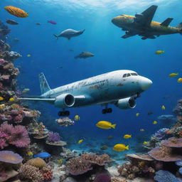 Generate an image of an airplane under the sea, surrounded by an array of colorful marine life and sunken treasures.