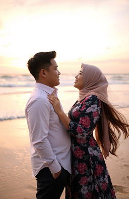 A romantic scene featuring Tuan Uwais, a handsome man with short black hair and a charming smile, standing next to Miss Insyirah, an elegant woman with long flowing hair wearing a beautiful floral dress