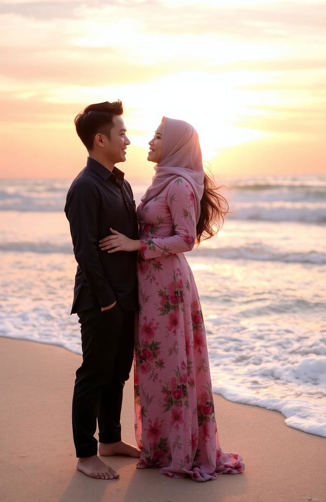 A romantic scene featuring Tuan Uwais, a handsome man with short black hair and a charming smile, standing next to Miss Insyirah, an elegant woman with long flowing hair wearing a beautiful floral dress