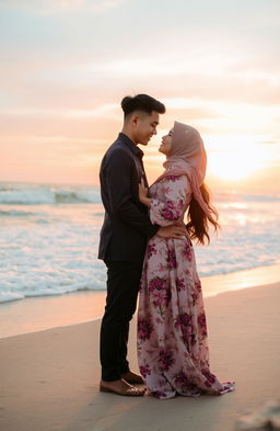 A romantic scene featuring Tuan Uwais, a handsome man with short black hair and a charming smile, standing next to Miss Insyirah, an elegant woman with long flowing hair wearing a beautiful floral dress