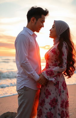 A romantic scene featuring Tuan Uwais, a handsome man with short black hair and a charming smile, standing next to Miss Insyirah, an elegant woman with long flowing hair wearing a beautiful floral dress