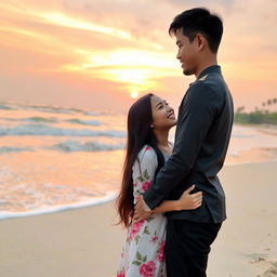 A romantic scene featuring Tuan Uwais, a handsome man with short black hair and a charming smile, standing next to Miss Insyirah, an elegant woman with long flowing hair, wearing a beautiful floral dress