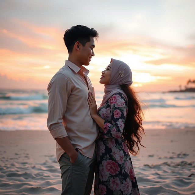 A romantic scene featuring Tuan Uwais, a handsome man with short black hair and a charming smile, standing next to Miss Insyirah, an elegant woman with long flowing hair, wearing a beautiful floral dress