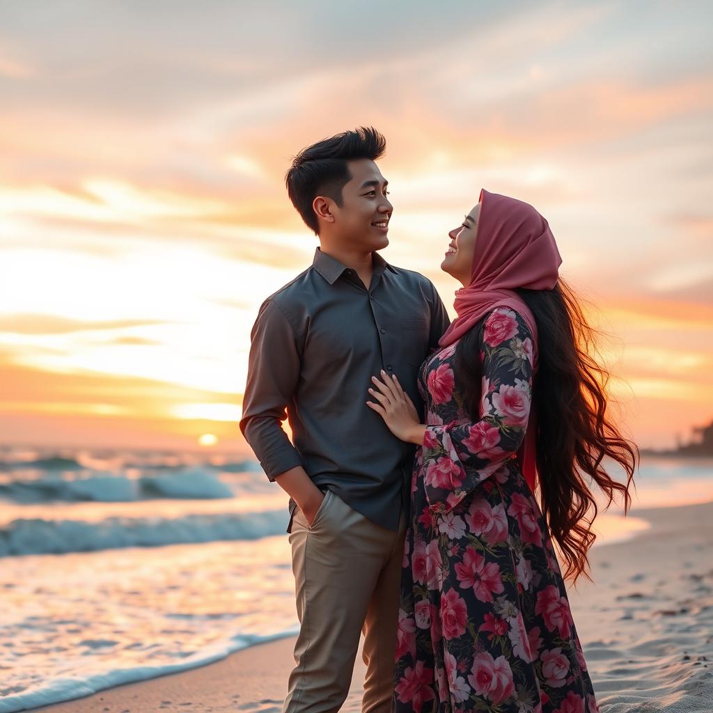 A romantic scene featuring Tuan Uwais, a handsome man with short black hair and a charming smile, standing next to Miss Insyirah, an elegant woman with long flowing hair, wearing a beautiful floral dress