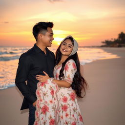 A romantic scene featuring Tuan Uwais, a handsome man with short black hair and a charming smile, standing next to Miss Insyirah, an elegant woman with long flowing hair, wearing a beautiful floral dress