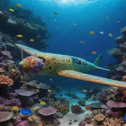 Generate an image of an airplane under the sea, surrounded by an array of colorful marine life and sunken treasures.