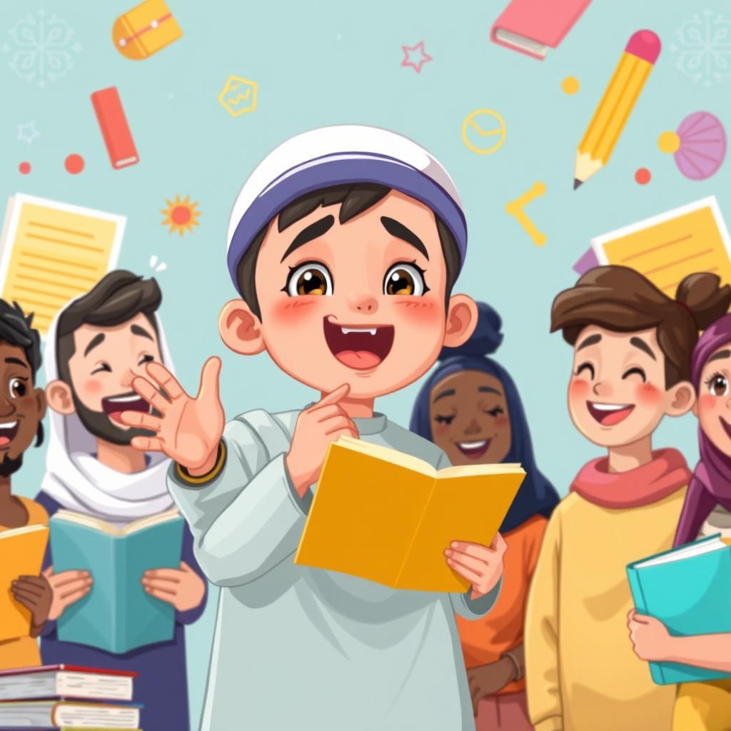 An animated cover illustration featuring a young Muslim boy passionately lecturing in front of a group of diverse friends