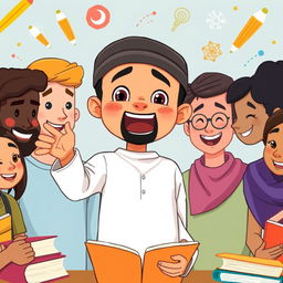 An animated cover illustration featuring a young Muslim boy passionately lecturing in front of a group of diverse friends