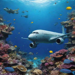 Generate an image of an airplane under the sea, surrounded by an array of colorful marine life and sunken treasures.