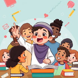 An animated cover illustration featuring a young Muslim boy passionately lecturing in front of a group of diverse friends