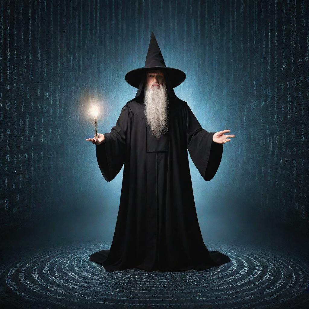 A wizard conjuring a seamless stream of binary code, representing the magic of programming in a mystical fantasy setting.