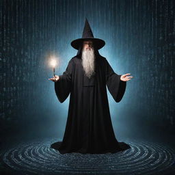 A wizard conjuring a seamless stream of binary code, representing the magic of programming in a mystical fantasy setting.
