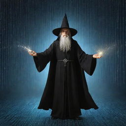 A wizard conjuring a seamless stream of binary code, representing the magic of programming in a mystical fantasy setting.