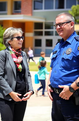 A police officer and a school teacher engaged in a friendly conversation on a sunny day outside a school