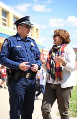 A police officer and a school teacher engaged in a friendly conversation on a sunny day outside a school