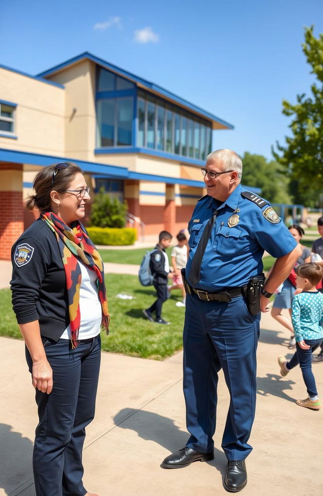 A police officer and a school teacher engaged in a friendly conversation on a sunny day outside a school