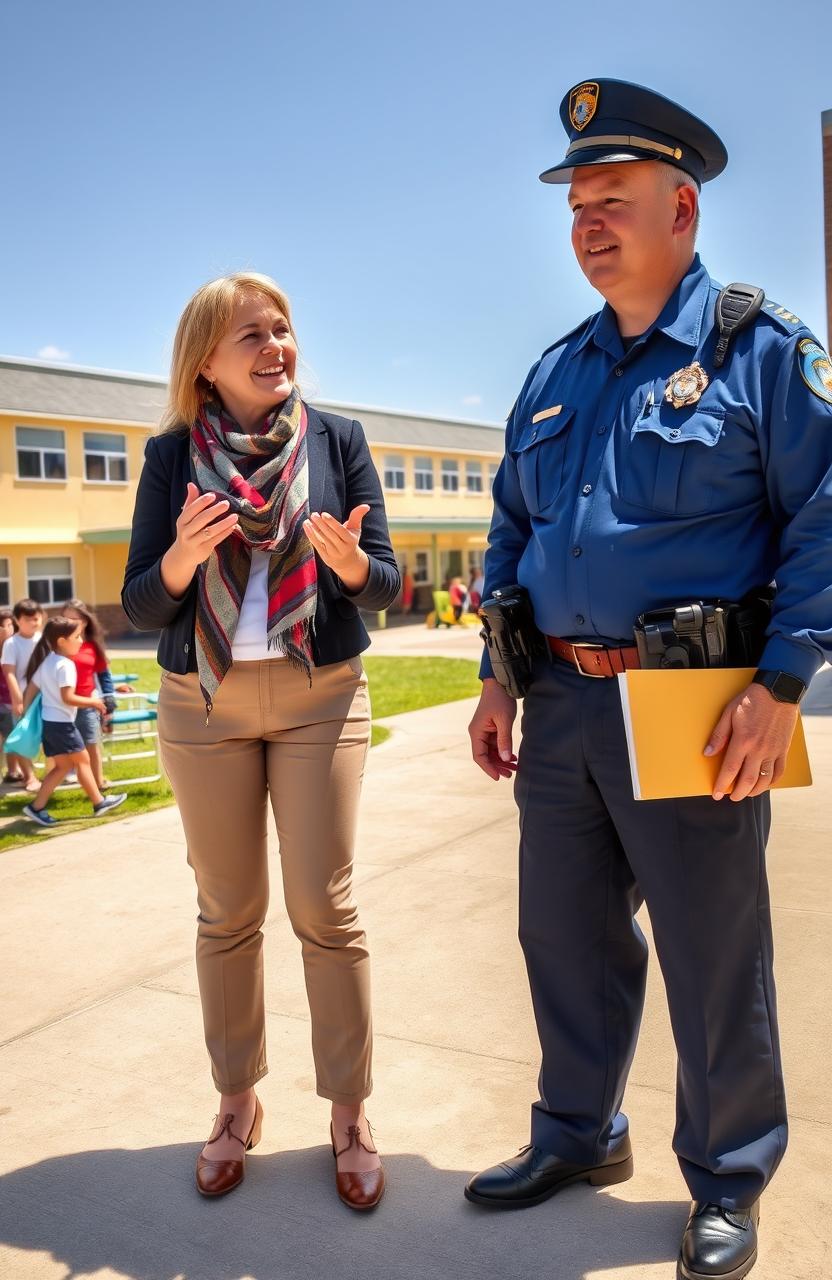 A police officer and a school teacher engaged in a friendly conversation on a sunny day outside a school