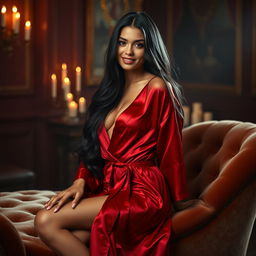 A stunning and alluring woman with long, flowing black hair, wearing a luxurious deep red silk robe that lightly drapes over her curves